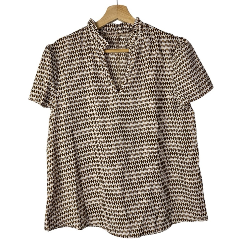 Boutique Blusa White & Tan Printed Short Sleeve Blouse M